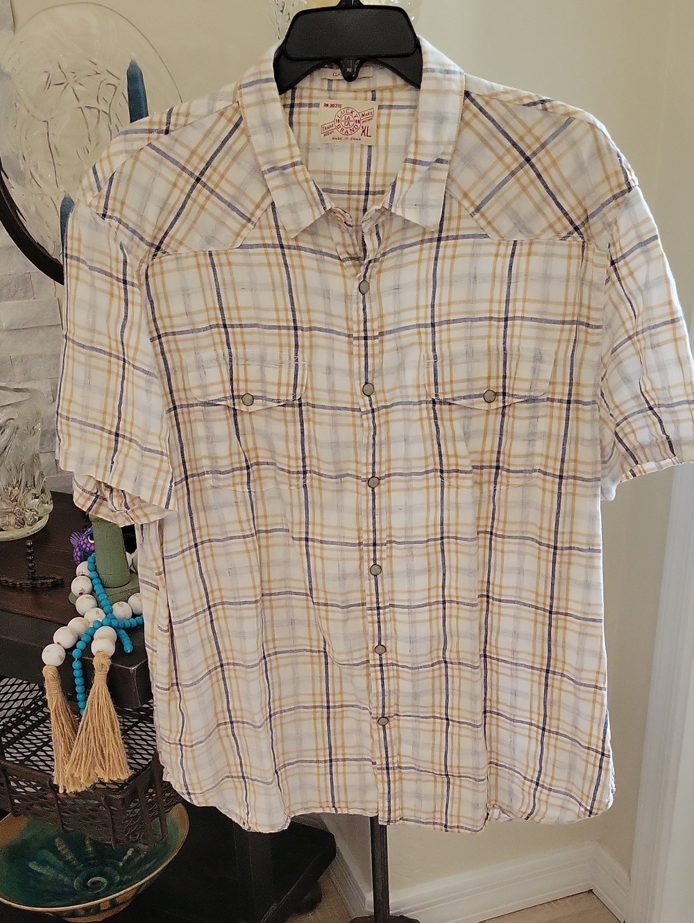 Lucky Brand Plaid Short-Sleeve Snap-Down Shirt  Cream, Blue & Tan